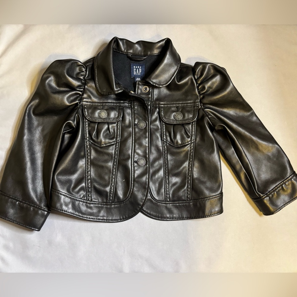 Baby GAP Black Faux Leather Moto Jacket 18-24 months Puffed Sleeve
